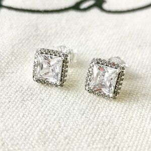 Pandora Halo Stud Earrings - Square Sparkle - Clear Silver